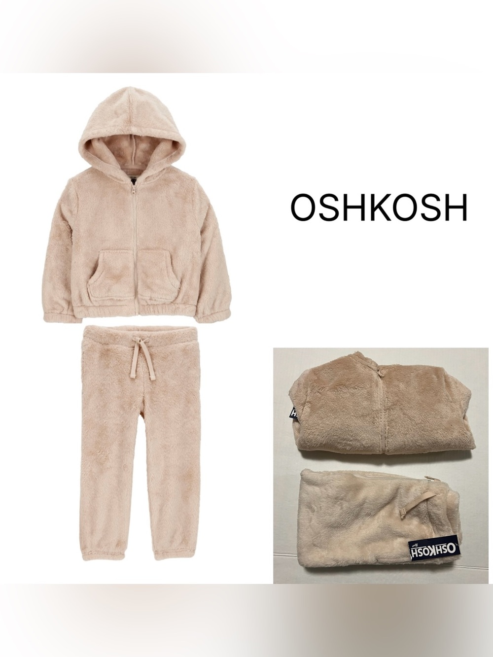 OSHKOSH - 4T - NWT - 2PC SET - GIRLS TAN SHERPA FLEECE ZIP UP HOODIE AND PANTS